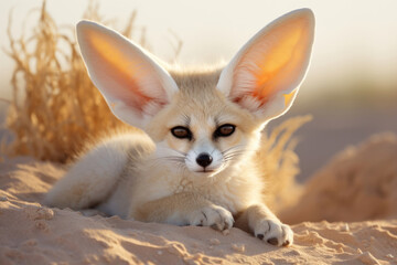 Fennec Fox in its natural habitat, showcasing its distinctive large ears and desert-adapted charm - obrazy, fototapety, plakaty