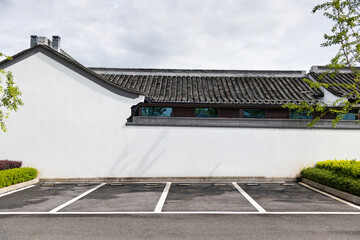Parking lots outside Chinese style buildings