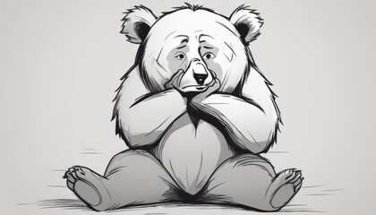 A cartoon bear is sitting on the ground with his paw on his chin