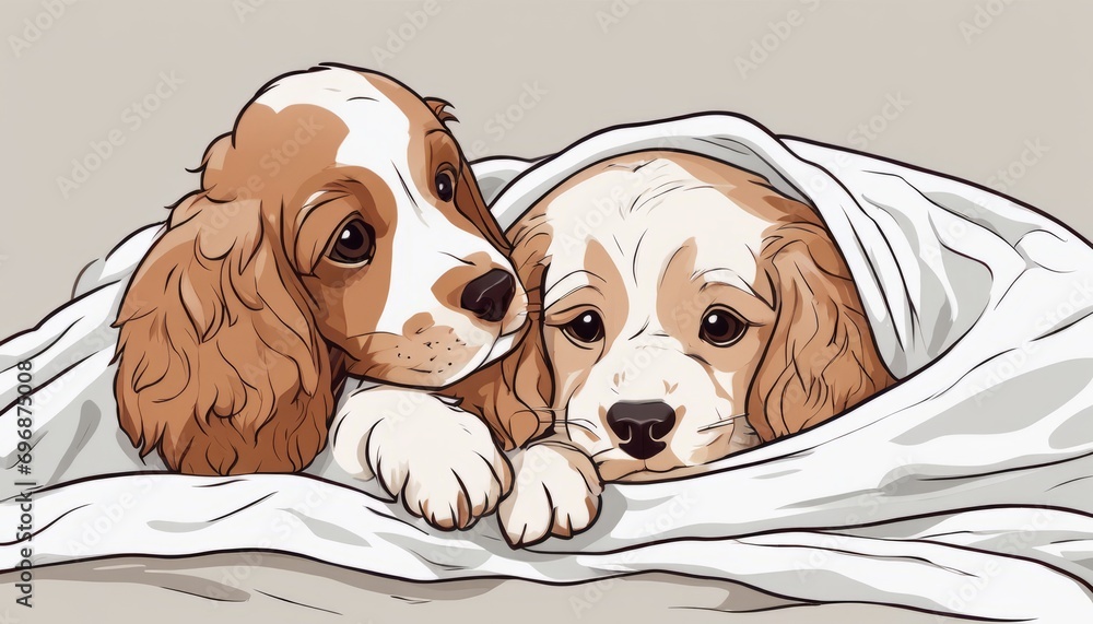 Wall mural Two brown and white puppies snuggled together