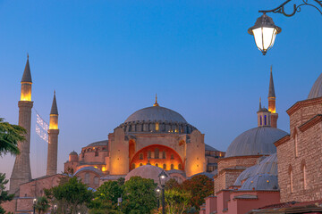 Hagia Sophia at sunset breathtaking sight in Istambul. Ancient building glows with golden light...
