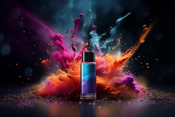 A flacon of facial toner with vibrant splashes of colorful powders emanating from it, symbolizing magical effectiveness of it. 