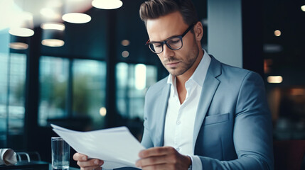 Serious concentrated businessman inside office behind paper work, financier reading and checking reports holding in hands, man thinking about technical solutions at workplace