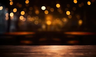 Foto op Plexiglas Scene bar captures essence of modern yet cozy space. Vintage wooden table bathed in warm light serves as focal point against dark ambiance of night on blurred cafe background © Wuttichai