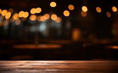 Scene bar captures essence of modern yet cozy space. Vintage wooden table bathed in warm light serves as focal point against dark ambiance of night on blurred cafe background