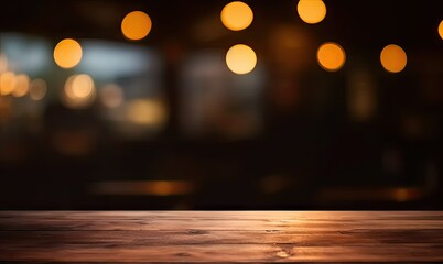Scene bar captures essence of modern yet cozy space. Vintage wooden table bathed in warm light serves as focal point against dark ambiance of night on blurred cafe background - obrazy, fototapety, plakaty