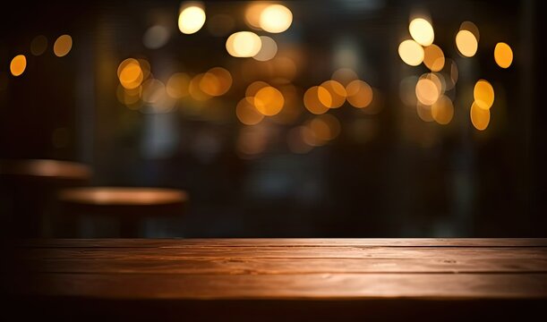 Scene bar captures essence of modern yet cozy space. Vintage wooden table bathed in warm light serves as focal point against dark ambiance of night on blurred cafe background