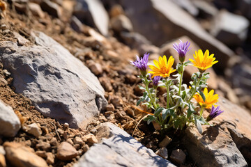 flowers in mountain rock cracks. Generative Ai