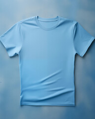 Camiseta azul isolada sobre uma mesa - mockup - obrazy, fototapety, plakaty