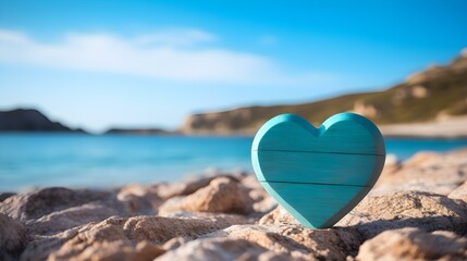 Close up of a cyan wooden Heart in front of a beautiful Seascape. Blurred natural Background