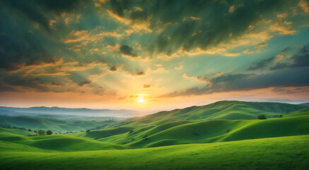 Beautiful sunset over the green mountain hills landscape - Powered by Adobe