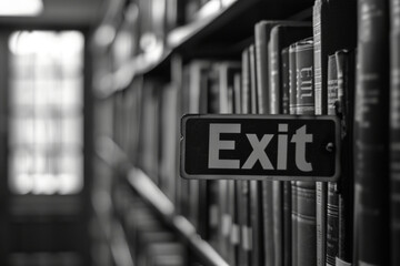 "Exit" sign in a quiet library setting, focusing on the contrast between the sign and the surrounding books