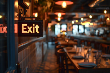 "Exit" sign in a restaurant with a focus on the design and ambiance of the dining space