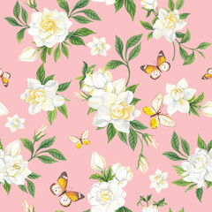 Delicate watercolor pattern with butterflies and white gardenia flowers on a pink background