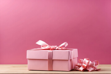 Pink gift box with pink ribbon on the pink background - Powered by Adobe