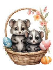 Fototapeta na wymiar graphic of a skunk in an Easter basket with Easter eggs