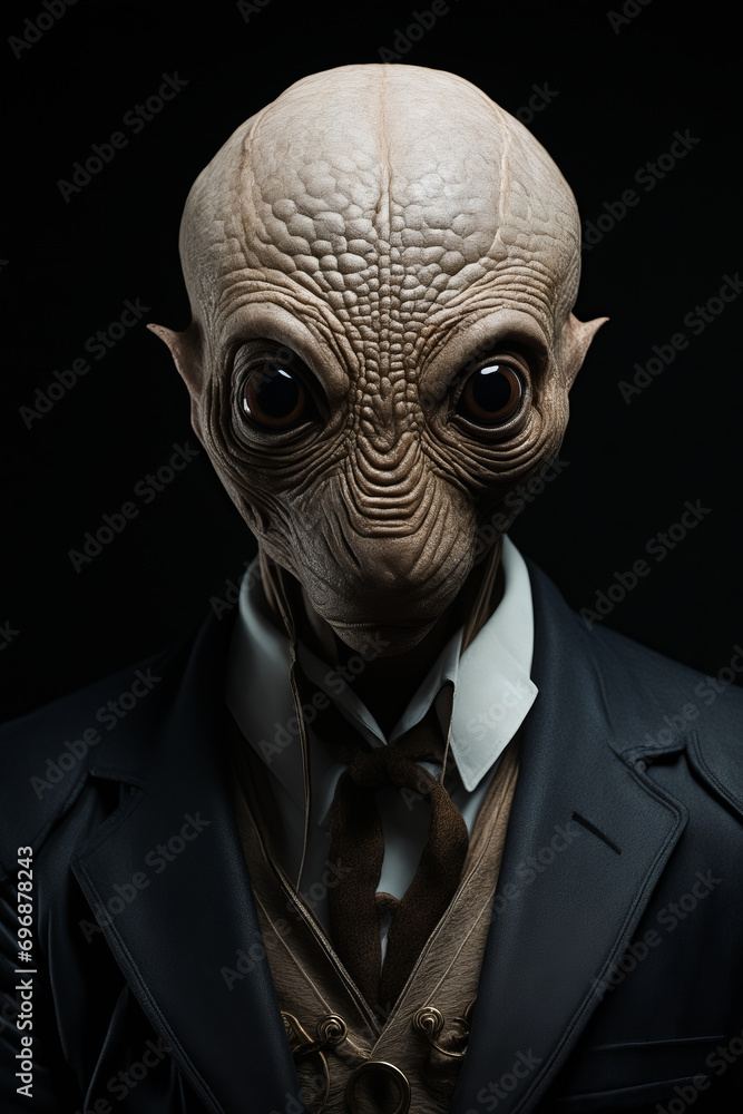 Poster man in suit and tie with alien head on.