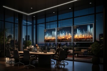 Creative visual of business people in corporate staff meeting . Concept of digital technology for marketing data analysis and investment decision making