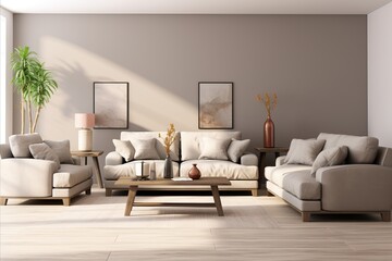 Modern white lounge interior with sofa, armchairs, and panoramic countryside view