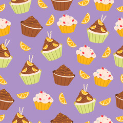 Flat vector illustration seamless pattern of baked goods, cupcakes.