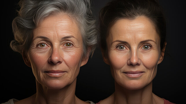 A woman with wrinkles and without wrinkles. Photos before and after. A woman after visiting a beauty salon.