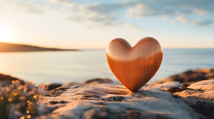 Fototapeta premium Close up of a light orange wooden Heart in front of a beautiful Seascape. Blurred natural Background