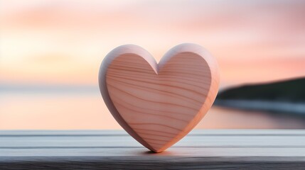 Close up of a light pink wooden Heart in front of a beautiful Seascape. Blurred natural Background