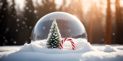Christmas winter background in transparent glass snow dome inside candy cane lies in snowdrift. copy space for text 

