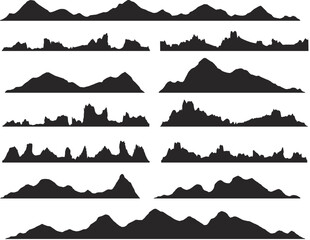 Mountains silhouettes on the white background. Wide semi-detailed panoramic silhouettes of highlands, mountains and rocky landscapes. Isolated Row of Mountains in Vector png. 	