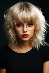 Woman with glasses and short blonde haircut.