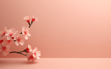 Background with spring branch with flowers and copy space. Peach template with space for product. Design for presentation, slide, print, interior, poster.