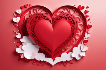 "Paper-cut heart in red on a red background, creating a stylish and heartfelt Valentine's Day composition.