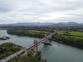 Aerial View Of Britannia Bridge carries road and railway across the Menai Straits between, Snowdonia and Anglesey. Wales, United Kingdom Aerial 