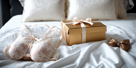 Fototapeta na wymiar Gift, shopping, and fashion concept. Set of glamorous stylish sexy lace lingerie on bed with gift box on bedsheet top view
