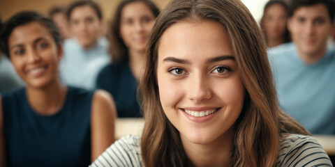 Obraz premium beautiful female young student during a lecture in the classroom looking at camera