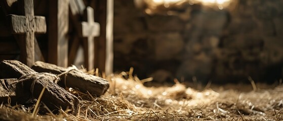 Nativity scene with hay. Easter concept