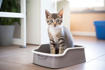 photo of a cute kitten standing near a litter tray, a toilet for a cat, generative AI