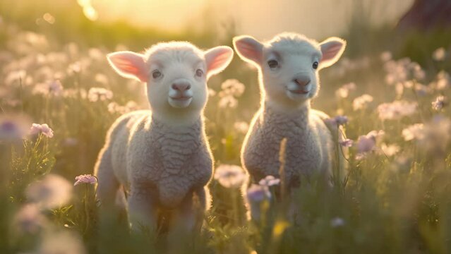 Beautiful meadow field with fresh grass and yellow dandelion flowers in nature with two cute lambs. Summer spring perfect natural landscape. Newborn animals Sunlight shining