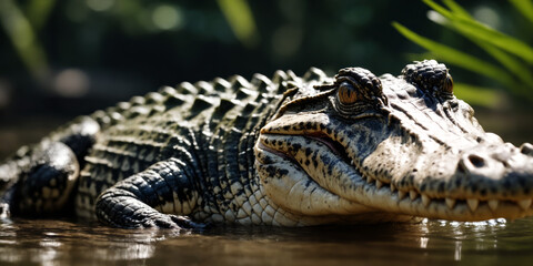 crocodile or alligator in the water - obrazy, fototapety, plakaty