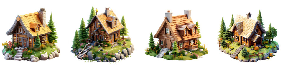 3D Collection of Rustic Log Cabins Surrounded by Nature on Transparent Background