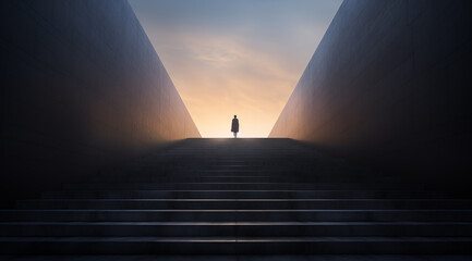 Person in the backlight stands at the end of the stairs and looks towards the sun or the light - theme of new beginnings, life after death or the afterlife - obrazy, fototapety, plakaty