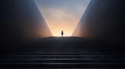 Foto op Canvas Person in the backlight stands at the end of the stairs and looks towards the sun or the light - theme of new beginnings, life after death or the afterlife © Steffen Kögler