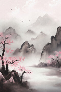 Cherry trees flowering. Traditional oriental watercolor painting.  Japanese and chinese style. Ink landscape painting. Lake and mountain landscape in Chinese style. Painted on handmade paper.