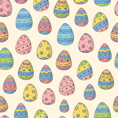 Easter eggs seamless pattern with colorful doodled eggs for textile prints, wallpaper, backgrounds, wrapping paper, scrapbooking, holiday decor, etc. EPS 10