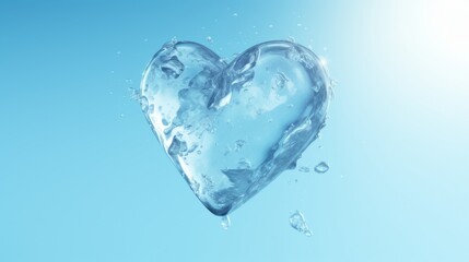Ice cube in the shape of a heart. Frozen water on a blue background. Icy love.