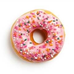 Top view, donut with sprinkles pink glazed isolated on white background