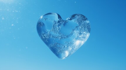 Ice cube in the shape of a heart. Frozen water on a blue background. Icy love.