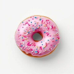 Top view, donut with sprinkles pink glazed isolated on white background