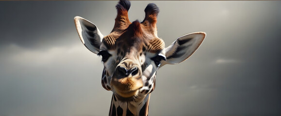 Portrait of Giraffe Close Up head , living in the African safari zoo, it is dark outside - obrazy, fototapety, plakaty