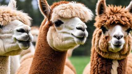 Alpacas animals banner panorama long  Collection close up portrait headshot head of cute sweet funny laughing smiling group of alpaca vicugna pacos isolated on white background, Generative Ai